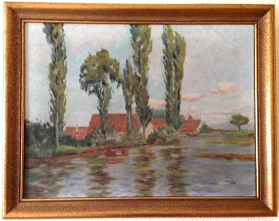 Paisaje con rio, arboles y casas a la orilla del rio